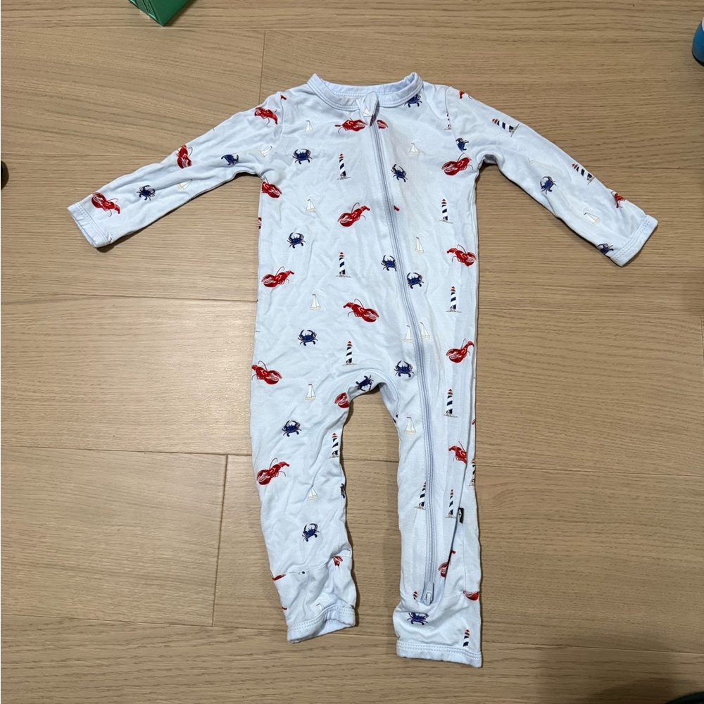 Kyte BABY Zippered Romper Light Blue One Piece with Red and Navy Accents